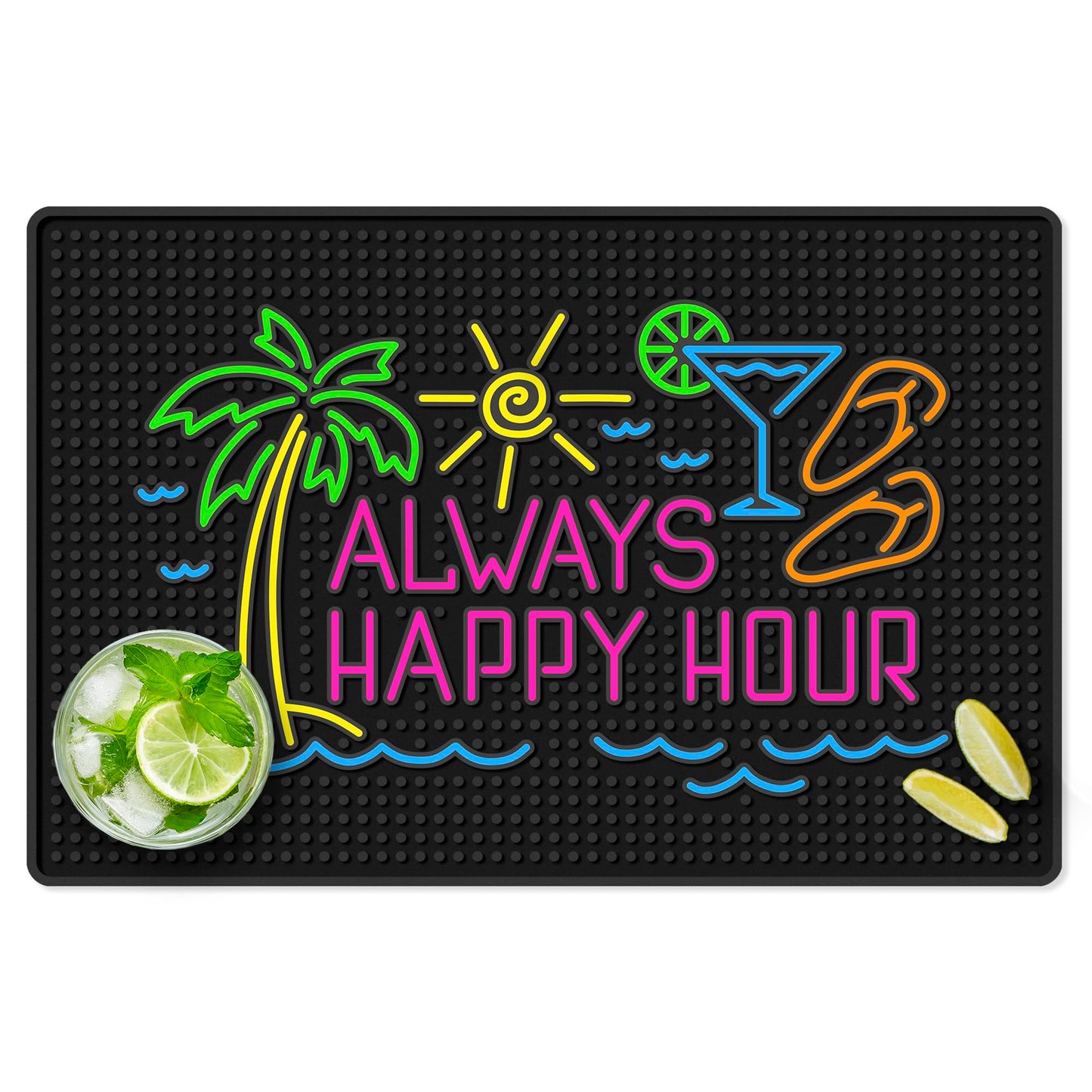 Always Happy Hour Tiki Bar Mat 18" x 12" Non-Slip Rubber