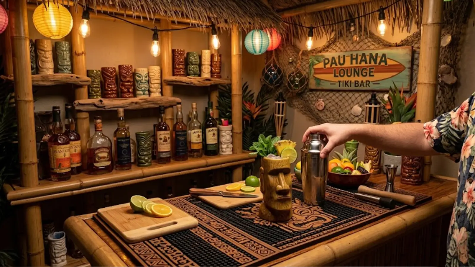 A home tiki bar set up with drinks and a bar mat
