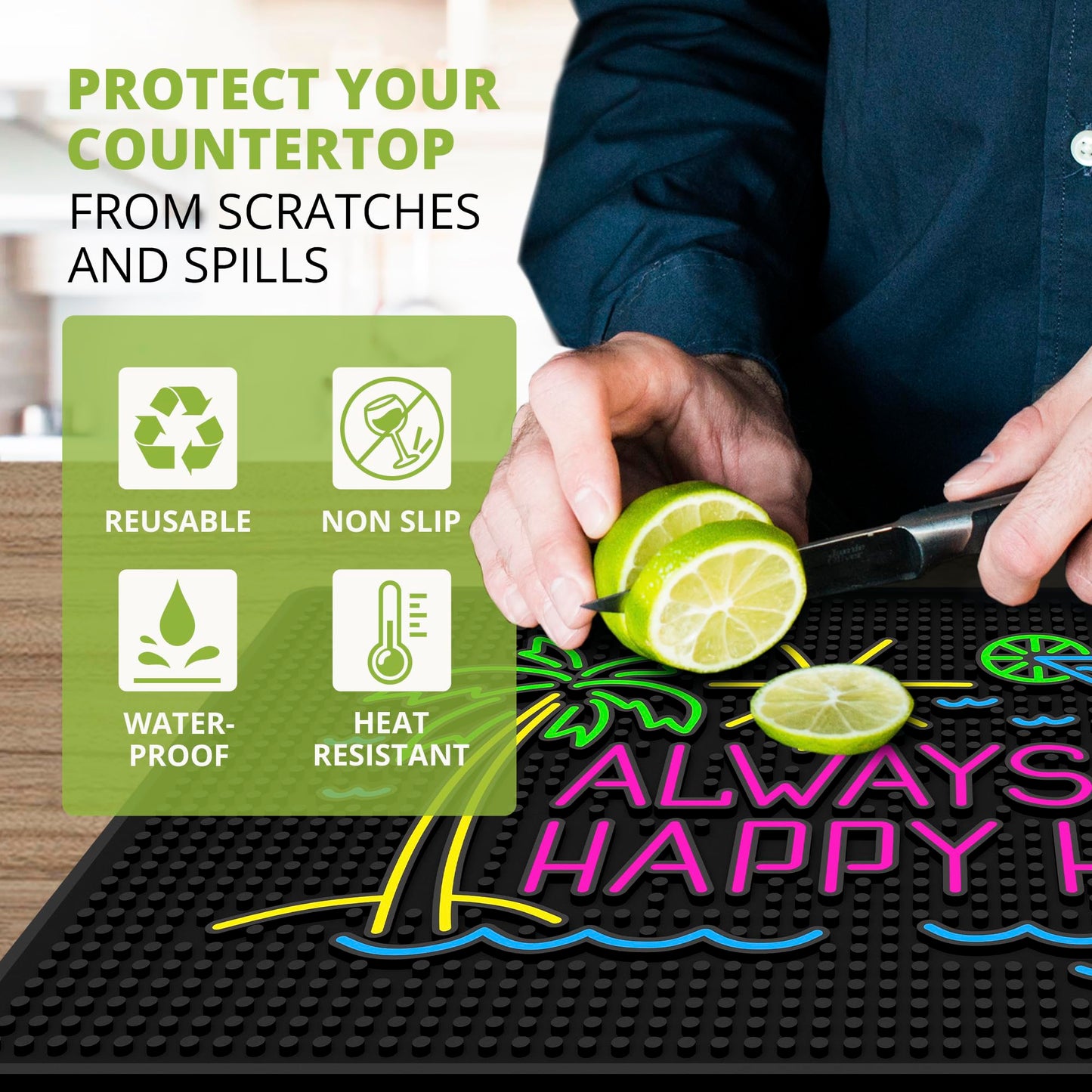 Always Happy Hour Tiki Bar Mat 18" x 12" Non-Slip Rubber