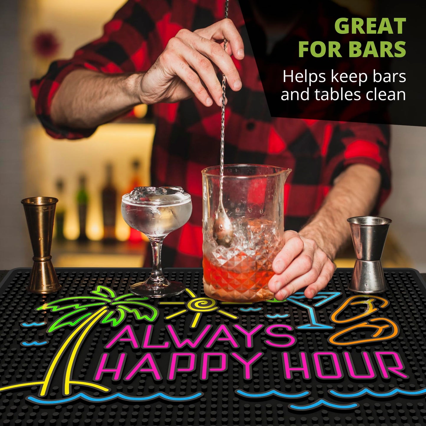 Always Happy Hour Tiki Bar Mat 18" x 12" Non-Slip Rubber