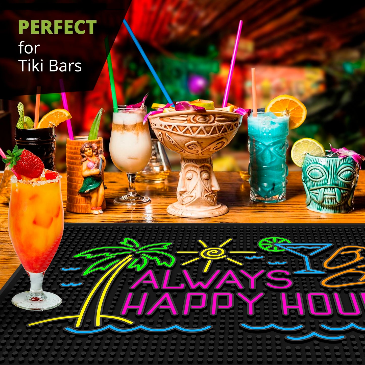 Always Happy Hour Tiki Bar Mat 18" x 12" Non-Slip Rubber