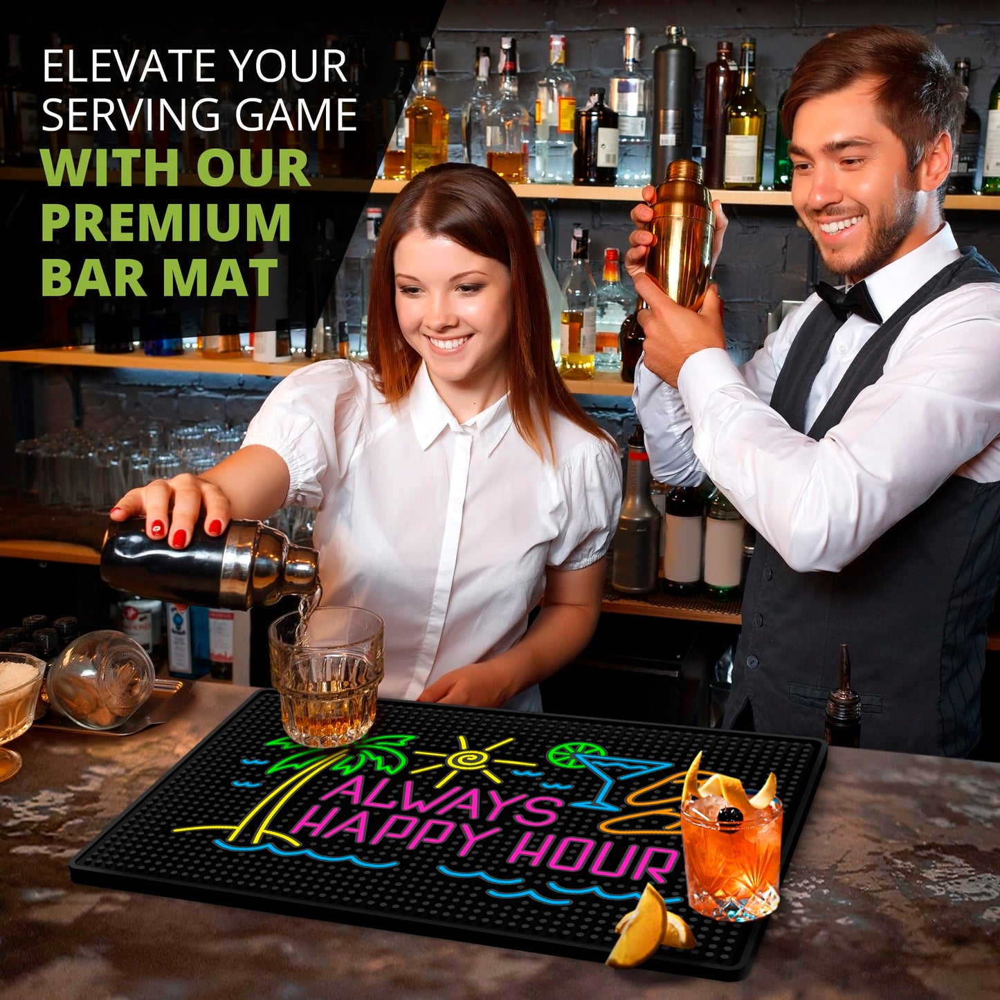 Always Happy Hour Tiki Bar Mat 18" x 12" Non-Slip Rubber
