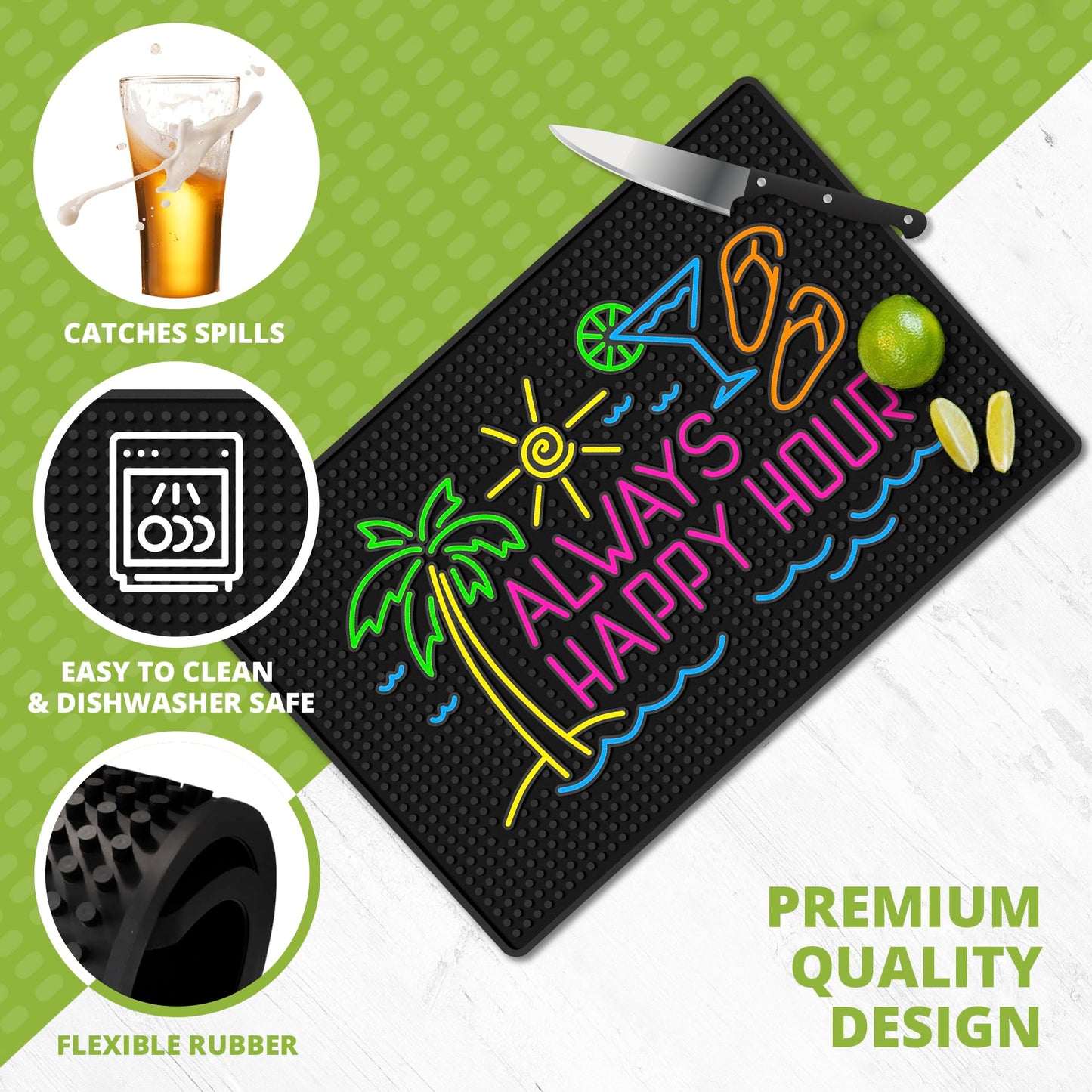 Always Happy Hour Tiki Bar Mat 18" x 12" Non-Slip Rubber