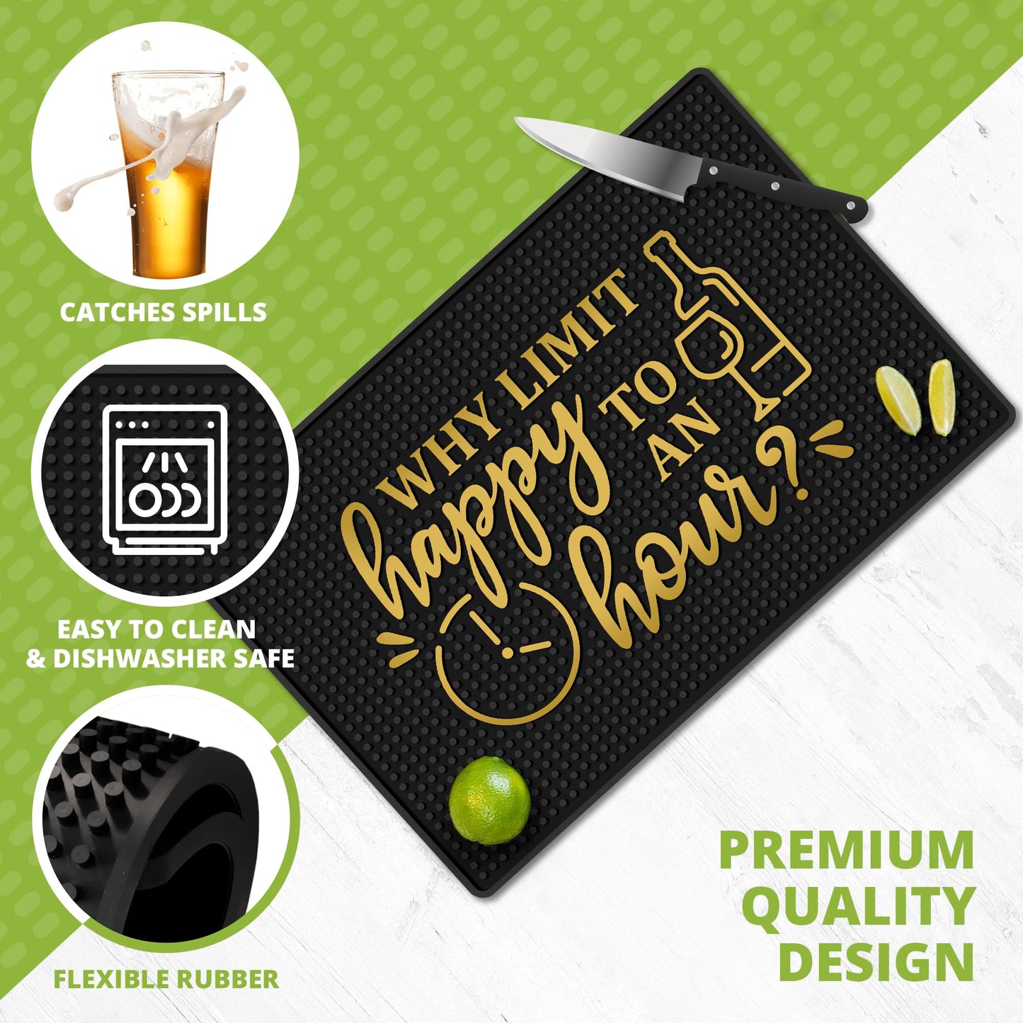 Why Limit Happy Hour Bar Mat 18" x 12" Non-Slip Rubber