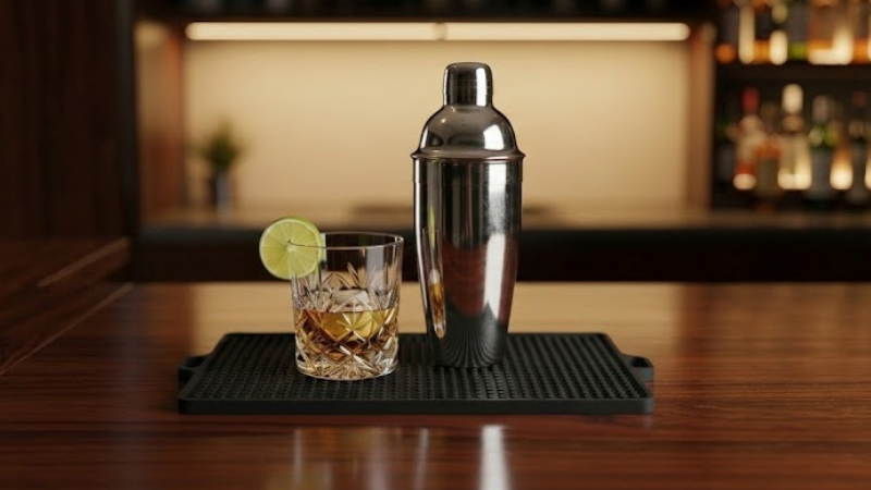 Silicone Bar Mats: The Complete Guide (Benefits, Sizes & How to Choose) help me generate a featured blog image best fit for this blog size w800 x h450 pixels. silicone vs. rubber bar mats which is right for your kitchen when you’re setting up a home bar or coffee stat