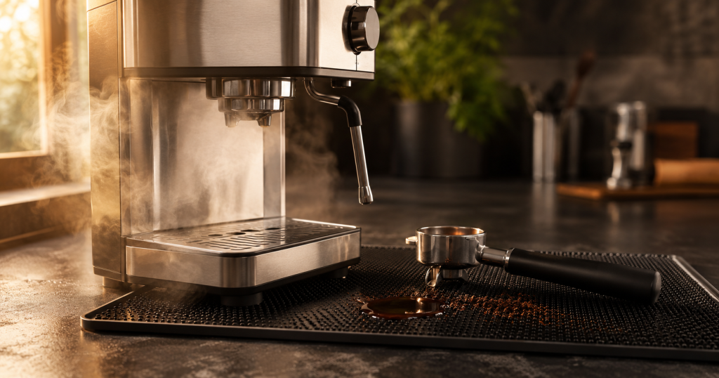 Stainless steel espresso machine sitting on a black rubber bar mat with a portafilter, spilled espresso and coffee grounds