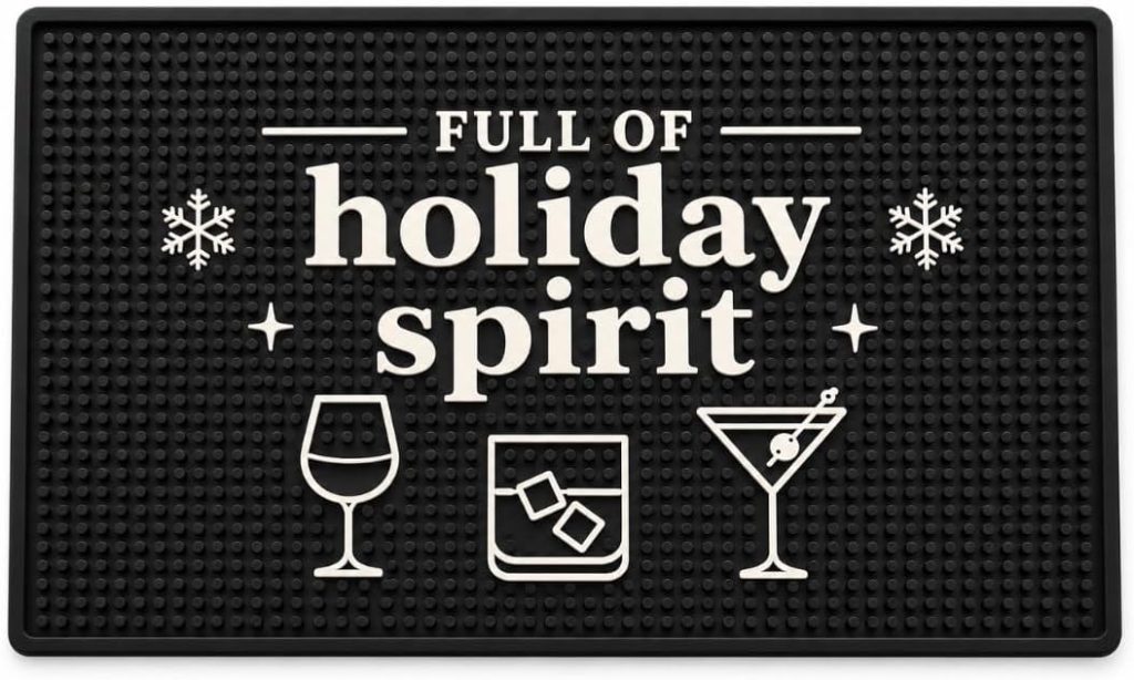 Full of Holiday Spirit rubber bar mat with festive wine, whiskey and martini graphics