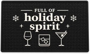 Full of Holiday Spirit rubber bar mat with wine, whiskey and martini graphics