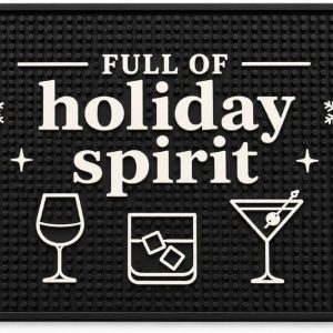 Full of Holiday Spirit rubber bar mat with festive wine, whiskey and martini graphics